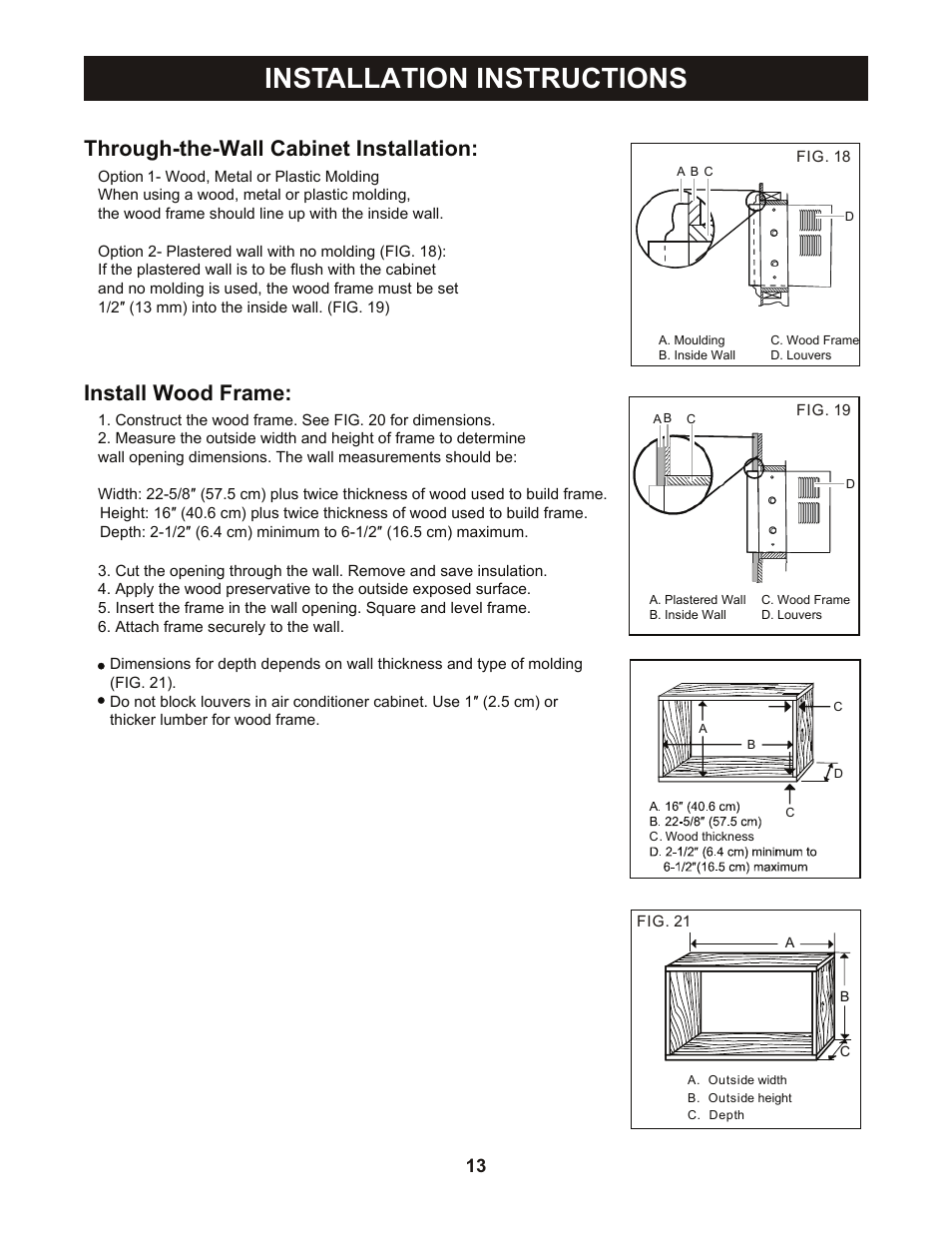 Installation instructions, Through-the-wall cabinet installation, Install wood frame | Perfect Aire PAHP12002 User Manual | Page 14 / 18