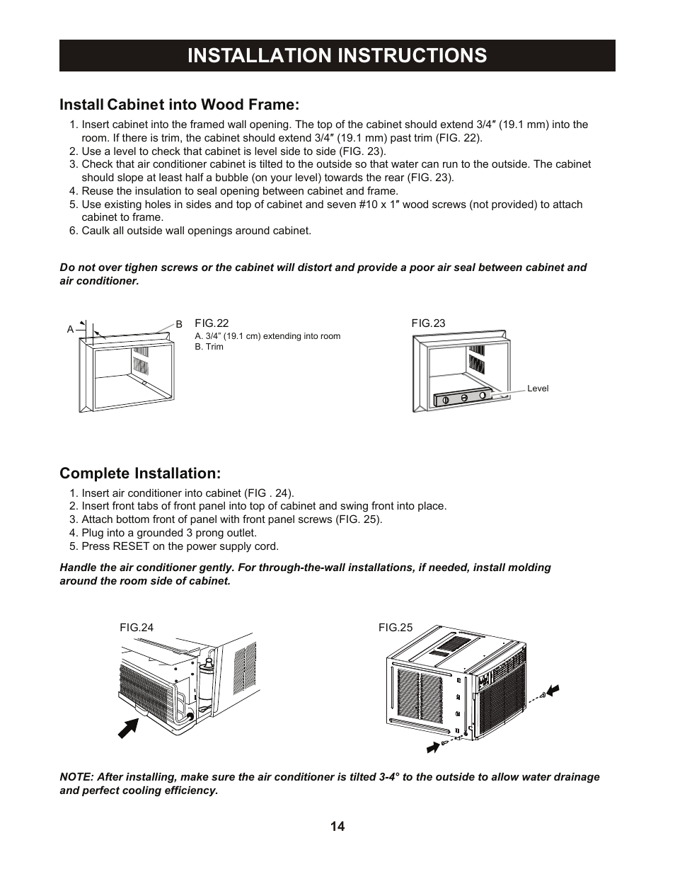 Installation instructions, Install cabinet into wood frame, Complete installation | Perfect Aire PAHP12002 User Manual | Page 15 / 18