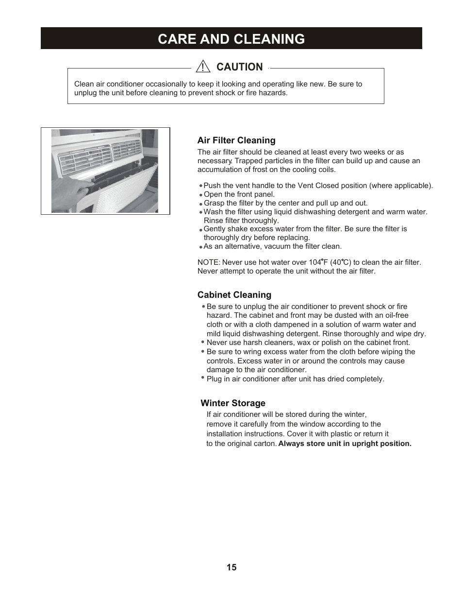 Care and cleaning, Caution | Perfect Aire PAHP12002 User Manual | Page 16 / 18