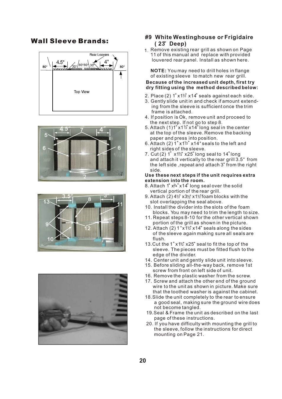 Т³гж 21, Wall sleeve brands, 9 white westinghouse or frigidaire ( 23 deep) | Perfect Aire PATW10000 User Manual | Page 21 / 27