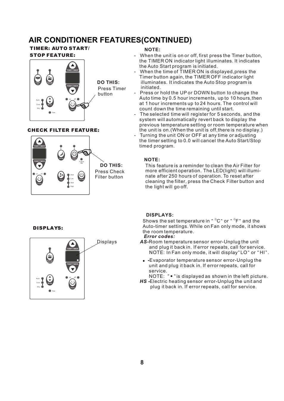 Т³гж 9, Air conditioner features(continued), Displays displays | Perfect Aire PATW12002 User Manual | Page 9 / 27