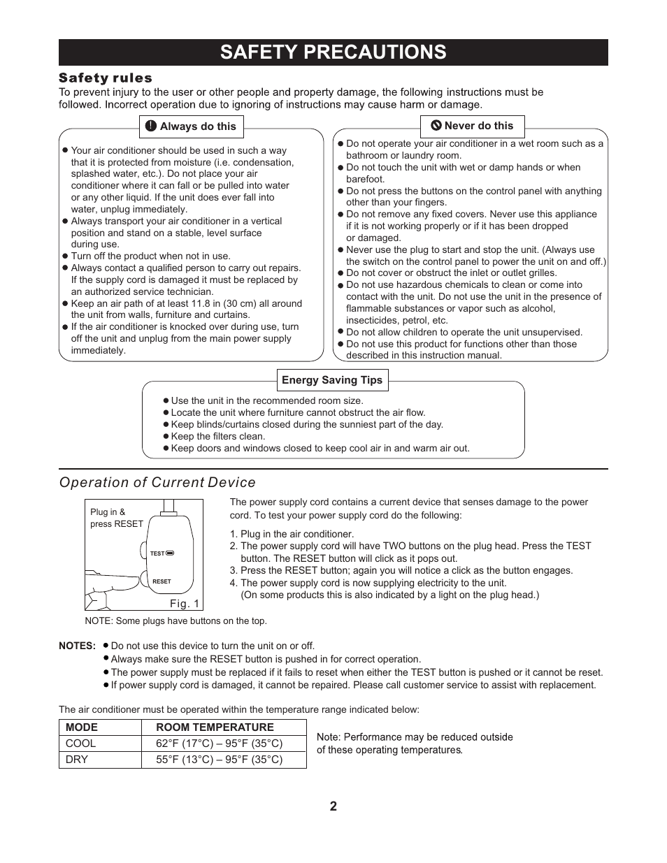 Safety precautions, Operation of current device | Perfect Aire 12000PPAC User Manual | Page 3 / 15