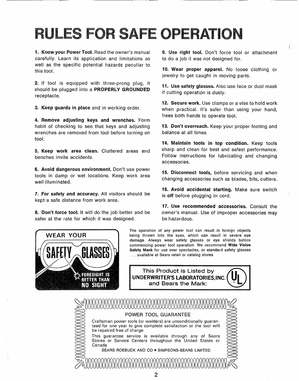 Rules for safe operation, Wear your | Craftsman 572.24700 User Manual | Page 2 / 6