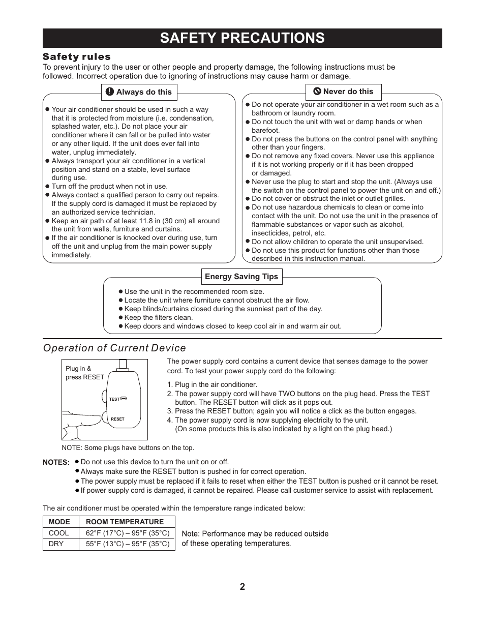 Safety precautions, Operation of current device | Perfect Aire NP10000 User Manual | Page 3 / 16