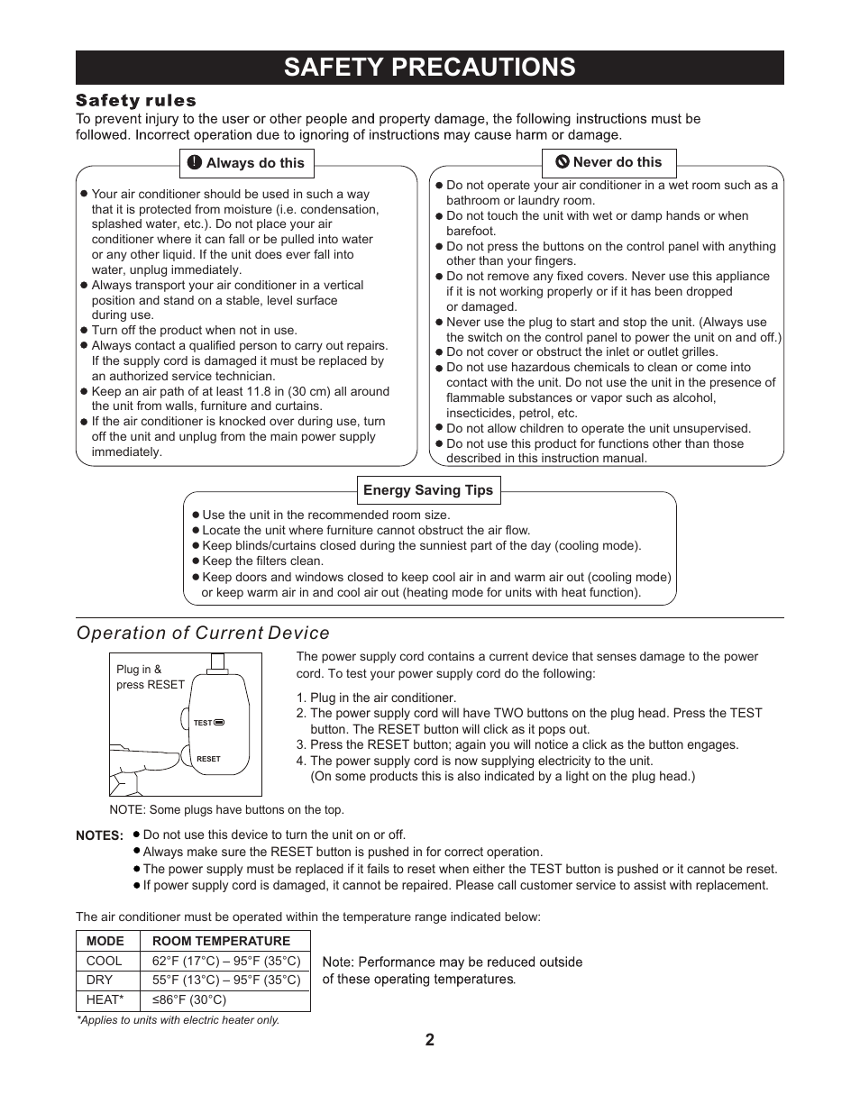 Safety precautions, Operation of current device | Perfect Aire NPH12000 User Manual | Page 3 / 16