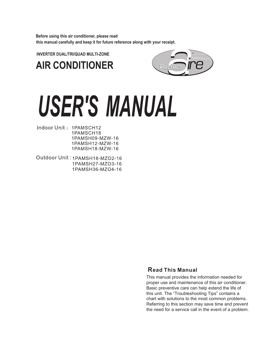 Perfect Aire 1PAMSH36-MZO4-16 User Manual User Manual | 22 pages