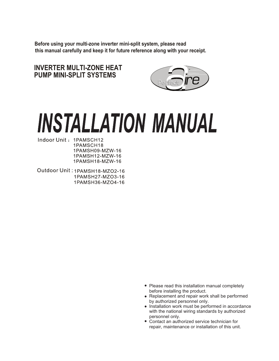 Perfect Aire 1PAMSH36-MZO4-16 Installation Manual User Manual | 24 pages