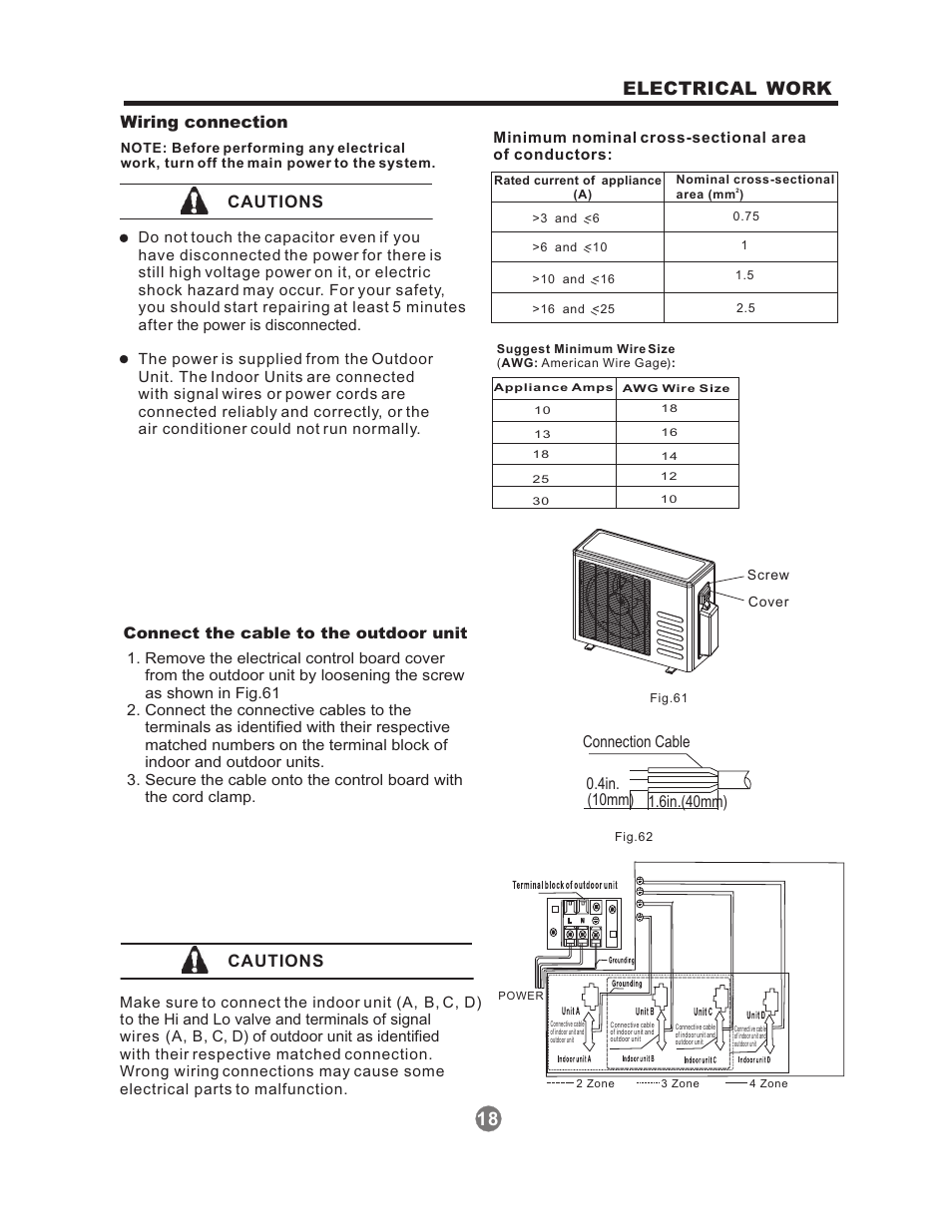 18 electrical work, Wiring connection, Cautions | Connect the cable to the outdoor unit | Perfect Aire 1PAMSH36-MZO4-16 Installation Manual User Manual | Page 19 / 24