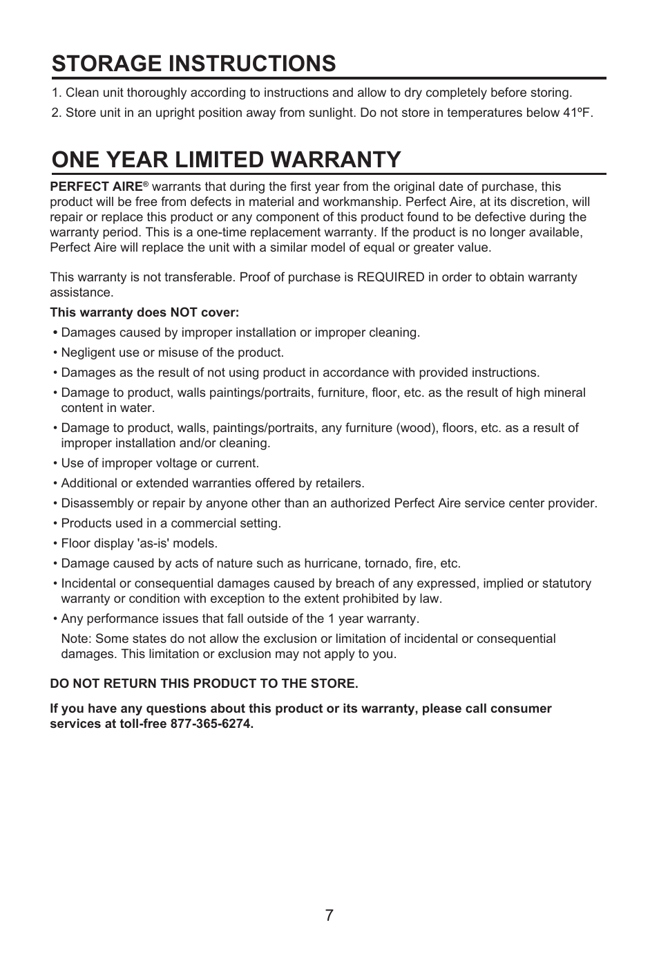 Storage instructions one year limited warranty | Perfect Aire PAU1 User Manual | Page 8 / 10