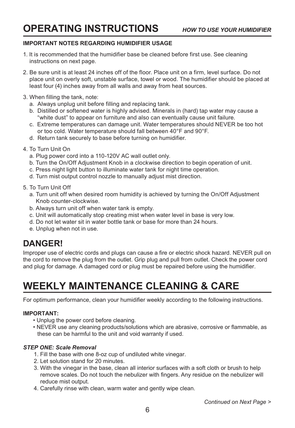 Operating instructions, Weekly maintenance cleaning & care, Danger | Perfect Aire PAU13 User Manual | Page 7 / 10