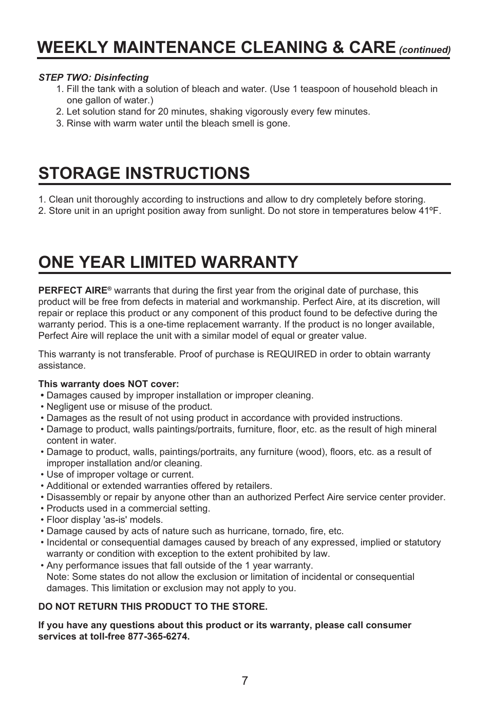 Weekly maintenance cleaning & care, Storage instructions one year limited warranty | Perfect Aire PAU13 User Manual | Page 8 / 10