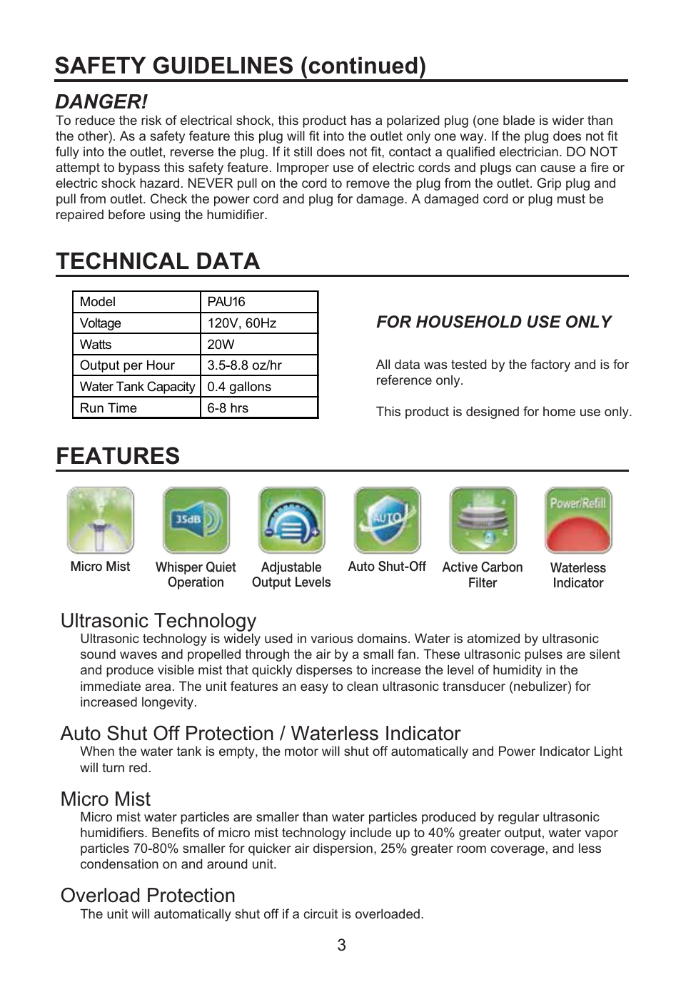 Safety guidelines (continued), Features, Technical data | Danger, Ultrasonic technology, Auto shut off protection / waterless indicator, Micro mist, Overload protection | Perfect Aire PAU16 User Manual | Page 4 / 10
