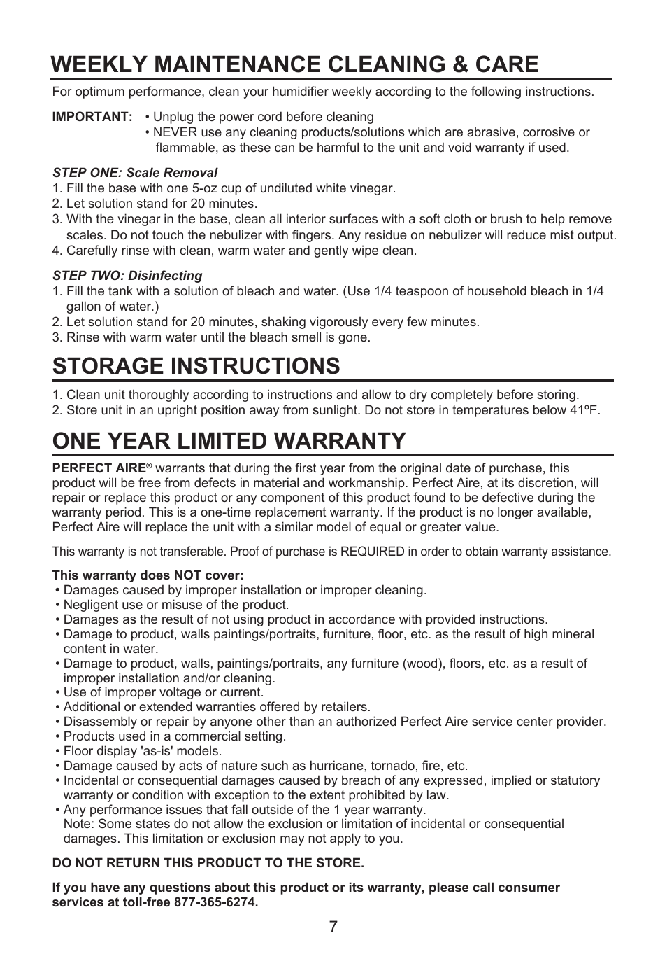 Weekly maintenance cleaning & care, Storage instructions one year limited warranty | Perfect Aire PAU16 User Manual | Page 8 / 10