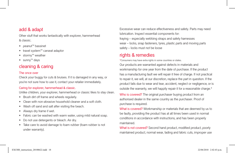 Add & adapt, Cleaning & caring, Rights & remedies | phil&teds hammerhead User Manual | Page 18 / 60