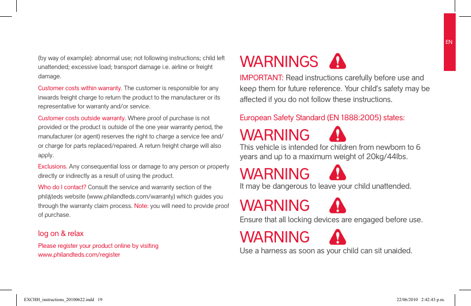 Warnings, Warning | phil&teds hammerhead User Manual | Page 19 / 60