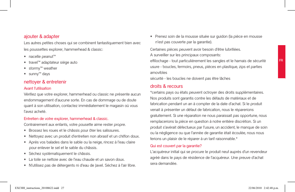 Ajouter & adapter, Nettoyer & entretenir, Droits & recours | phil&teds hammerhead User Manual | Page 27 / 60