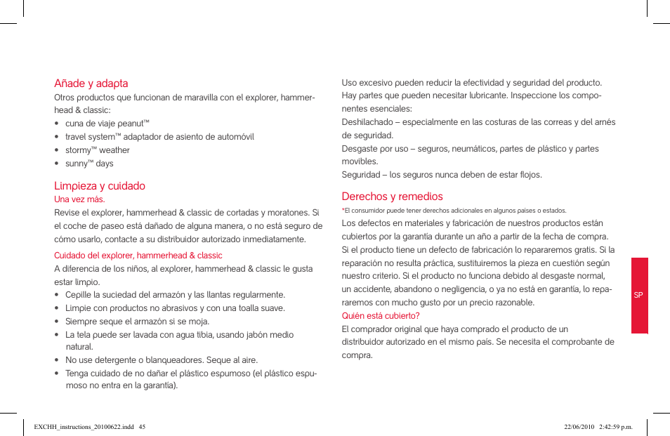 Añade y adapta, Limpieza y cuidado, Derechos y remedios | phil&teds hammerhead User Manual | Page 45 / 60