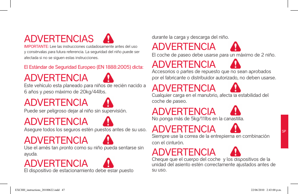 Advertencias, Advertencia | phil&teds hammerhead User Manual | Page 47 / 60