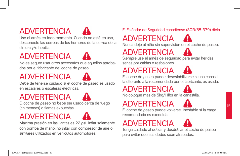 Advertencia | phil&teds hammerhead User Manual | Page 49 / 60