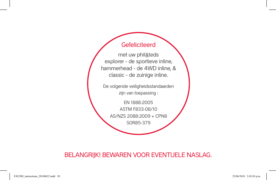 Gefeliciteerd, Belangrijk! bewaren voor eventuele naslag | phil&teds hammerhead User Manual | Page 50 / 60