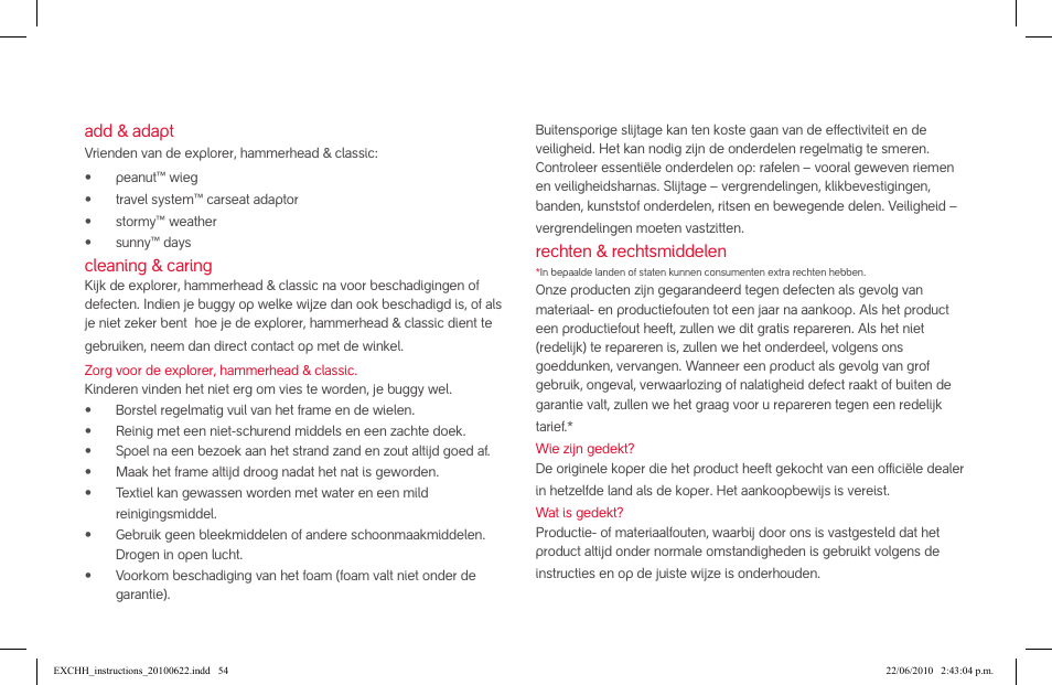 Add & adapt, Cleaning & caring, Rechten & rechtsmiddelen | phil&teds hammerhead User Manual | Page 54 / 60
