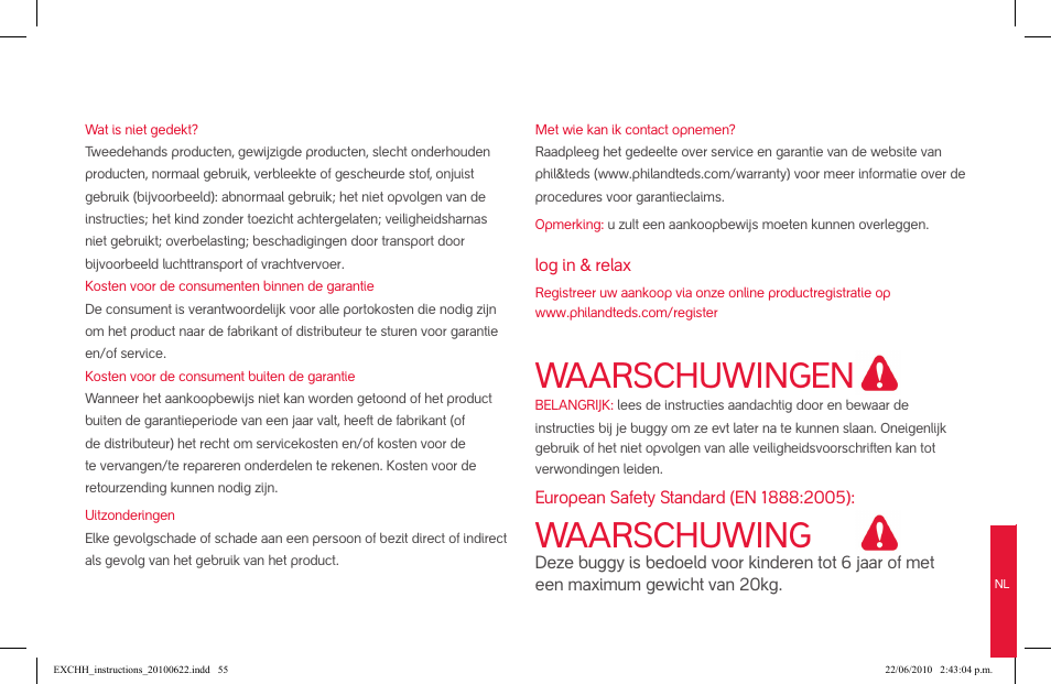 Waarschuwingen, Waarschuwing | phil&teds hammerhead User Manual | Page 55 / 60