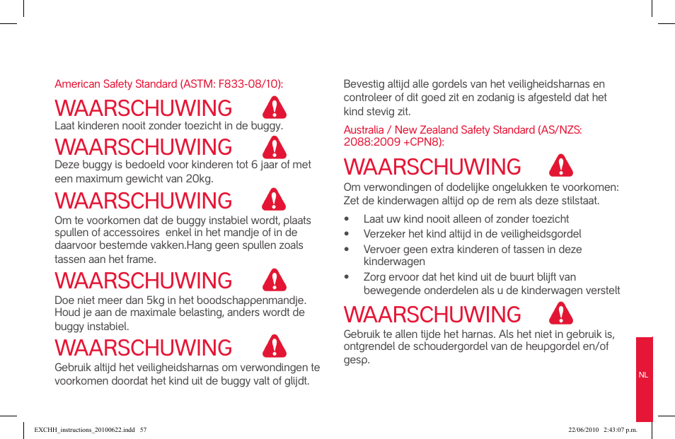 Waarschuwing | phil&teds hammerhead User Manual | Page 57 / 60