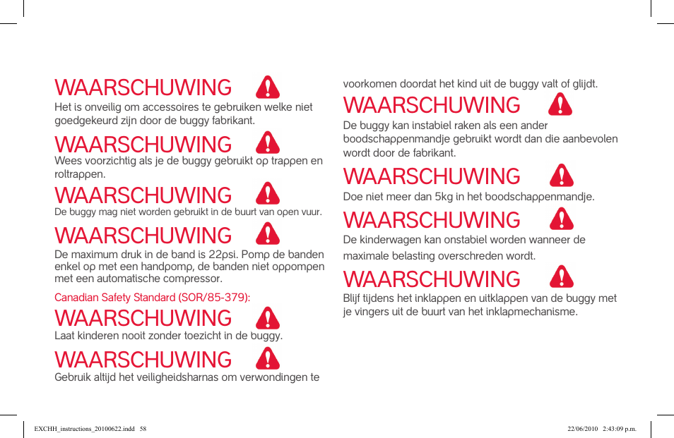 Waarschuwing | phil&teds hammerhead User Manual | Page 58 / 60