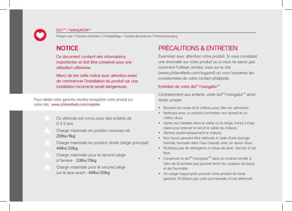 Précautions & entretien, Notice | phil&teds dot User Manual | Page 10 / 58