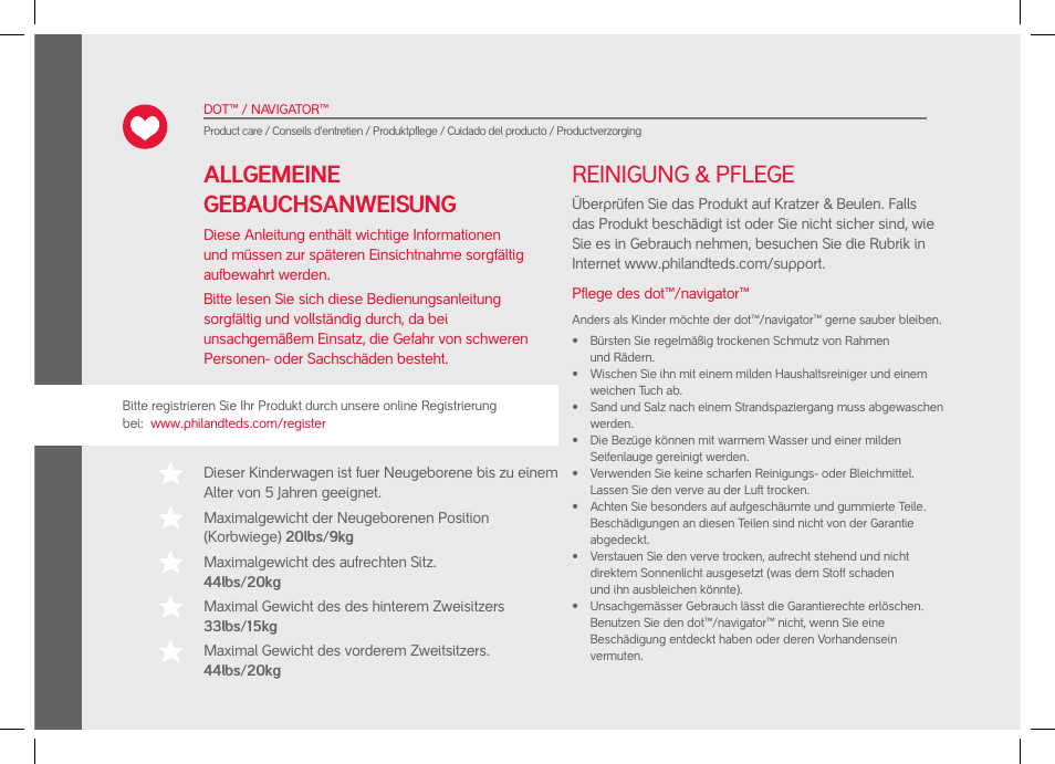 Reinigung & pflege, Allgemeine gebauchsanweisung | phil&teds dot User Manual | Page 18 / 58