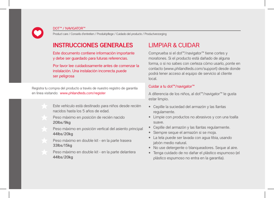 Limpiar & cuidar, Instrucciones generales | phil&teds dot User Manual | Page 24 / 58