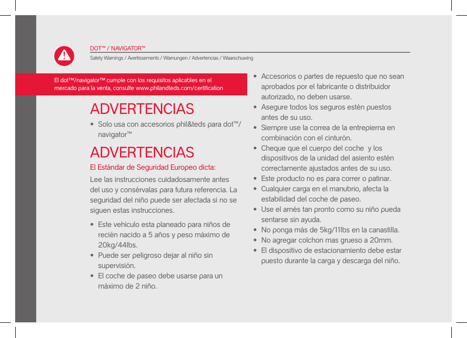 Advertencias | phil&teds dot User Manual | Page 26 / 58