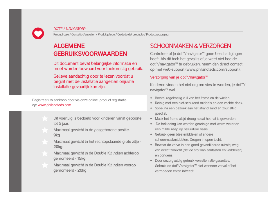 Schoonmaken & verzorgen, Algemene gebruiksvoorwaarden | phil&teds dot User Manual | Page 30 / 58