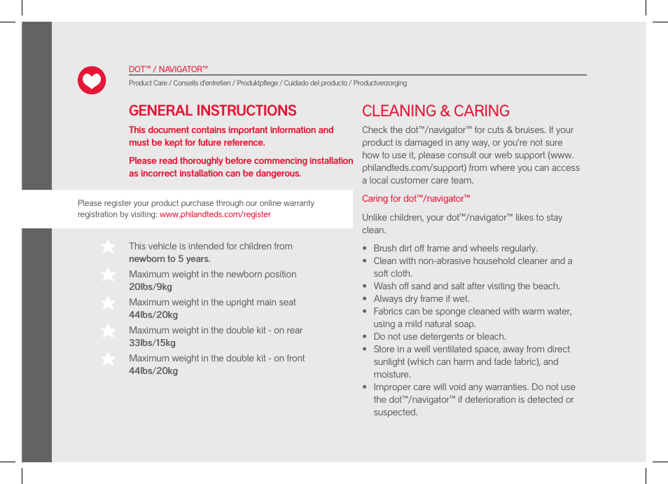 Cleaning & caring, General instructions | phil&teds dot User Manual | Page 4 / 58