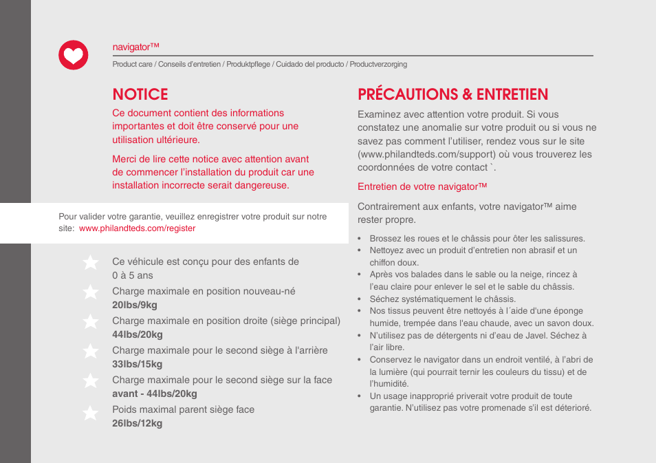 Précautions & entretien, Notice | phil&teds navigator User Manual | Page 12 / 68