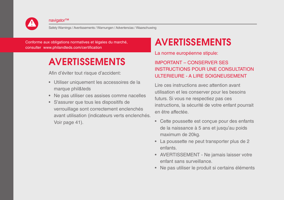 Avertissements | phil&teds navigator User Manual | Page 14 / 68