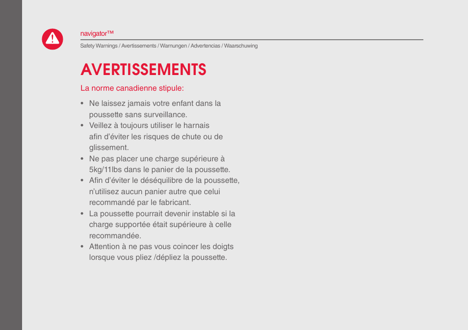 Avertissements | phil&teds navigator User Manual | Page 16 / 68