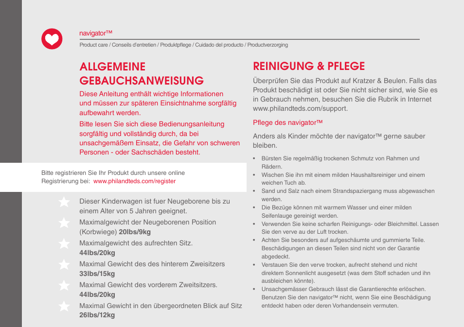 Reinigung & pflege, Allgemeine gebauchsanweisung | phil&teds navigator User Manual | Page 20 / 68