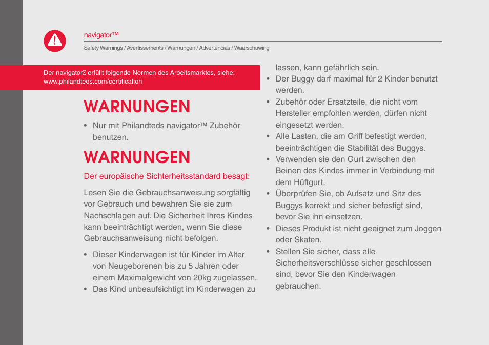 Warnungen | phil&teds navigator User Manual | Page 22 / 68