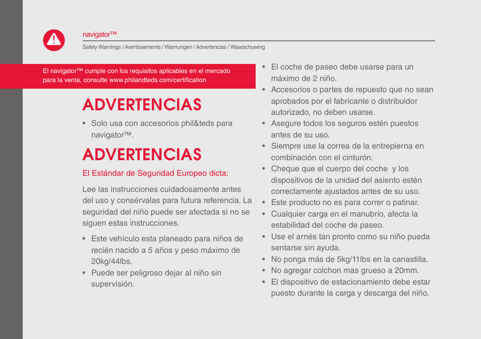 Advertencias | phil&teds navigator User Manual | Page 28 / 68