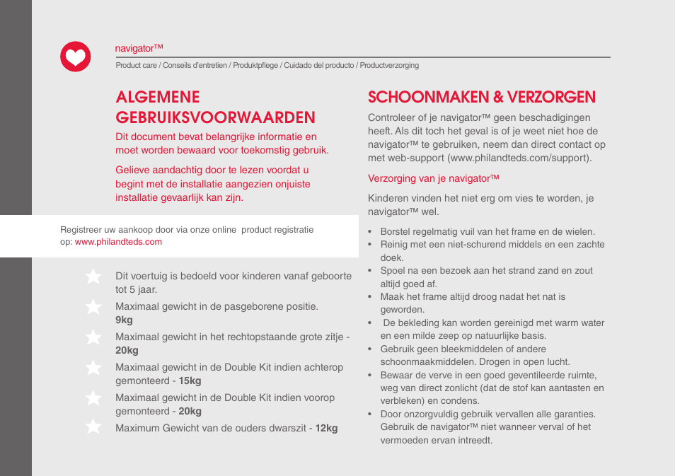 Schoonmaken & verzorgen, Algemene gebruiksvoorwaarden | phil&teds navigator User Manual | Page 32 / 68