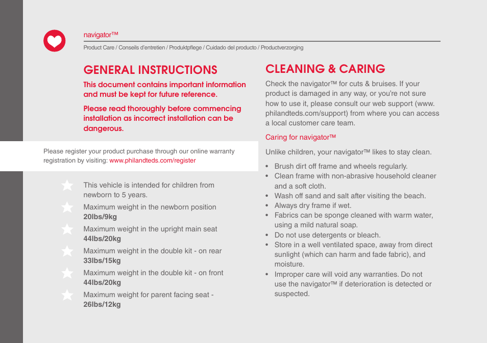 General instructions cleaning & caring | phil&teds navigator User Manual | Page 4 / 68