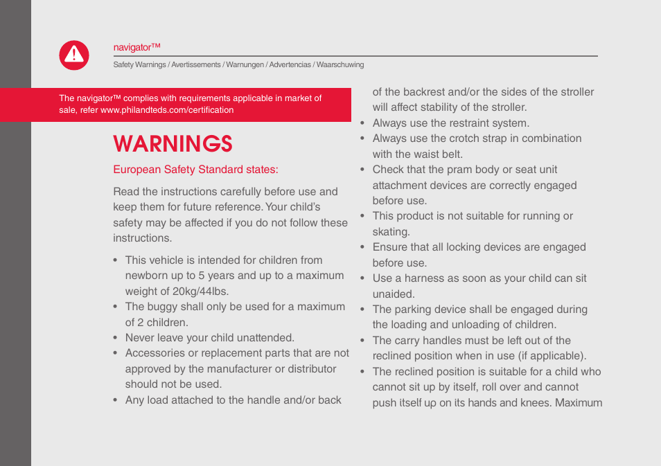 Warnings | phil&teds navigator User Manual | Page 6 / 68