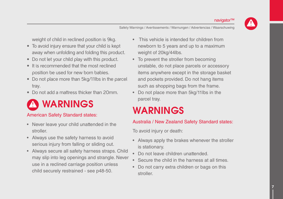 Warnings | phil&teds navigator User Manual | Page 7 / 68