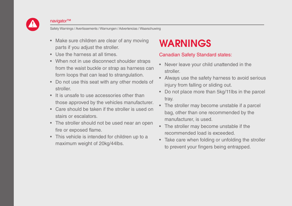 Warnings | phil&teds navigator User Manual | Page 8 / 68