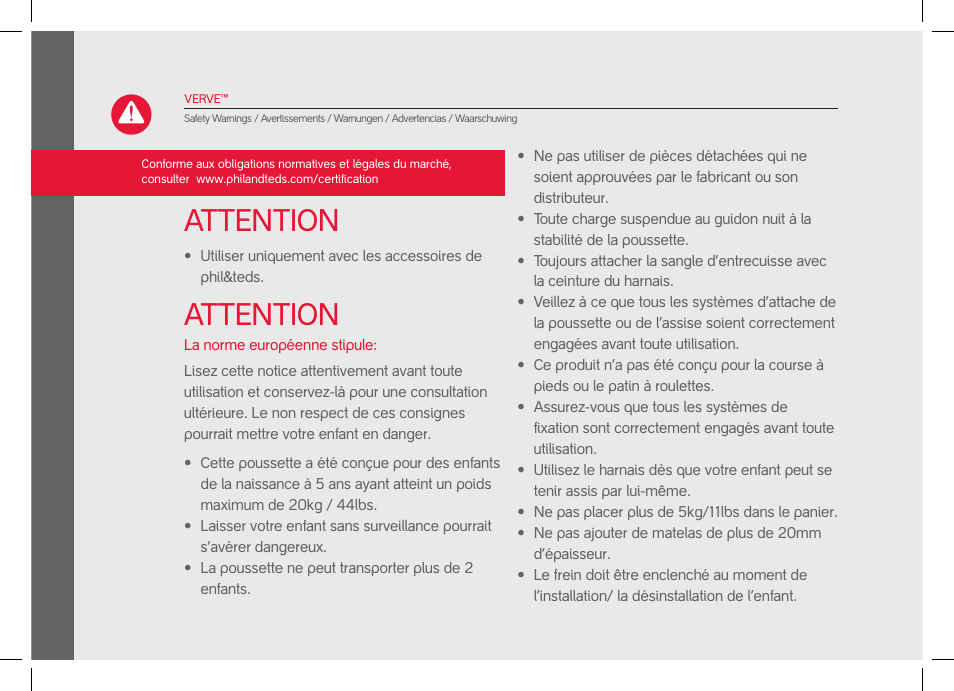 Attention | phil&teds verve pre-2014 User Manual | Page 12 / 58