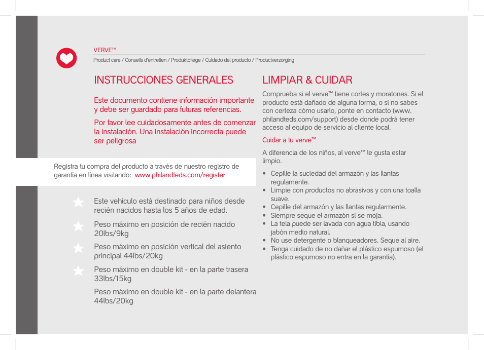 Limpiar & cuidar, Instrucciones generales | phil&teds verve pre-2014 User Manual | Page 22 / 58