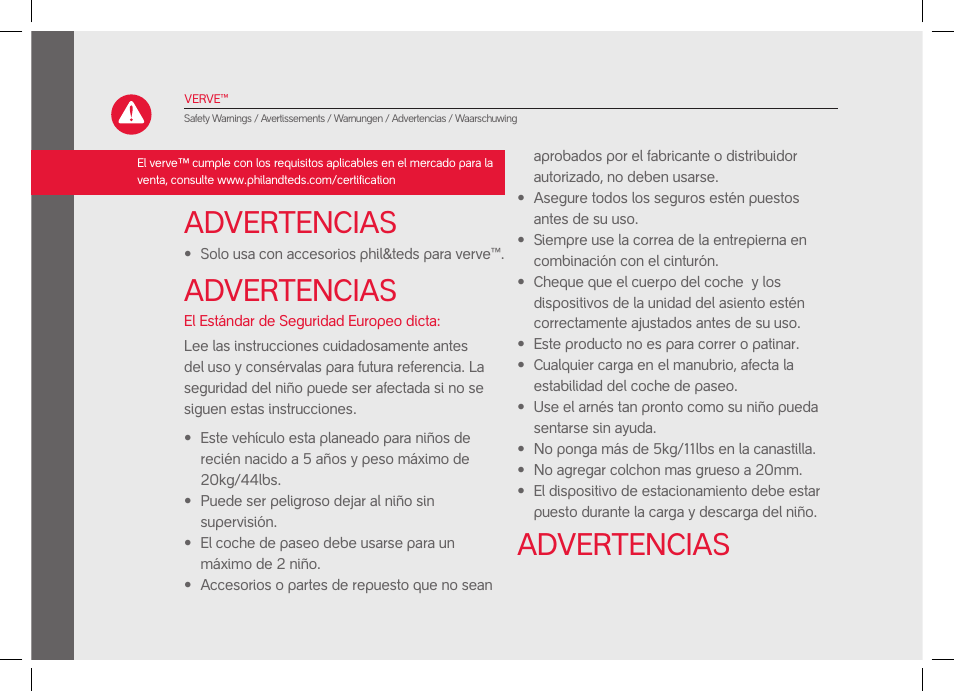 Advertencias | phil&teds verve pre-2014 User Manual | Page 24 / 58