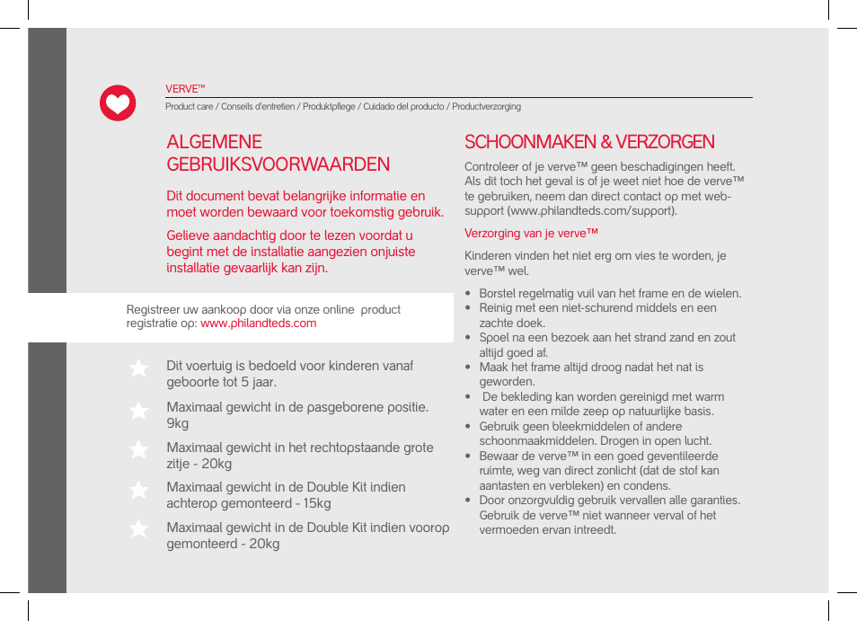 Schoonmaken & verzorgen, Algemene gebruiksvoorwaarden | phil&teds verve pre-2014 User Manual | Page 28 / 58