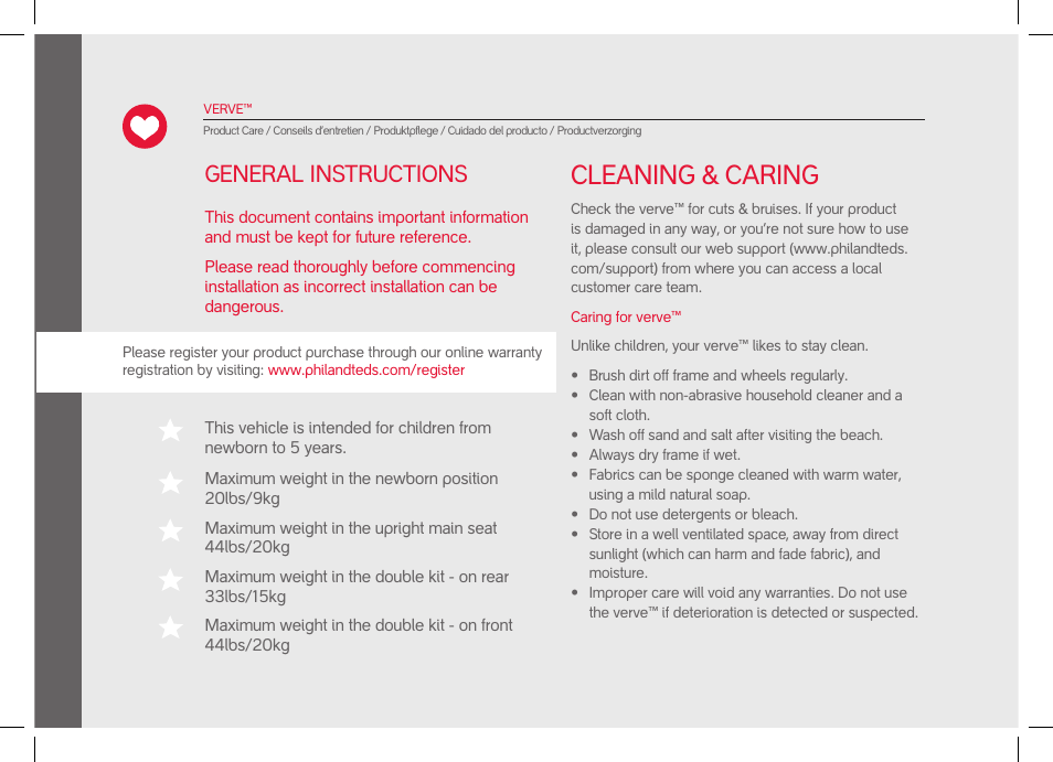 Cleaning & caring, General instructions | phil&teds verve pre-2014 User Manual | Page 4 / 58